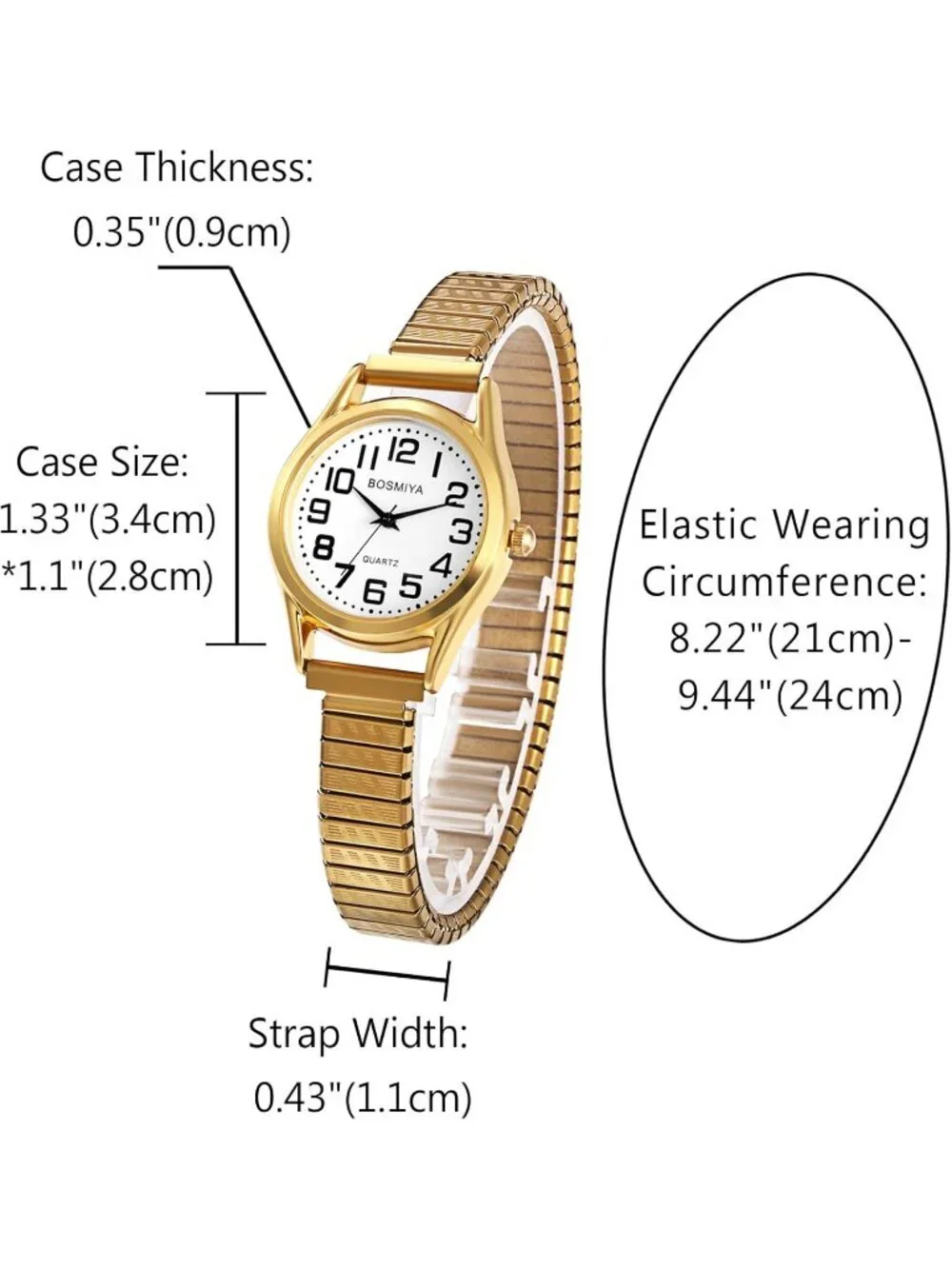 Women Gold And White Analog Quartz Big Dial Easy Reader Stretch Band Wrist Watch